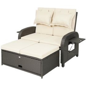Patio Rattan Daybed, Wicker Outdoor Daybed with Storage Ottoman, Loveseat w/ Adjustable Backrest, Beige (Option: Beige-1170x755x290 mm)