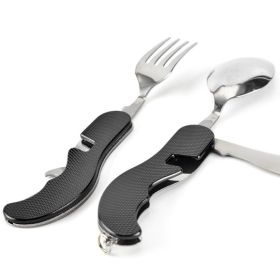 4 In 1 Outdoor Tableware Set Camping Cooking Supplies Stainless Steel Spoon Portable Fork Knife Multifunction Folding Portable Pocket Kits Bottle (Color: BLACK)
