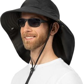 Wide Brim Sun Hat with Neck Flap, UPF50+ Hiking Safari Fishing Hat for Men Women, Sun Protection Beach Hat (Color: BLACK)