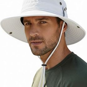 Wide Brim Sun Hat for Men, Outdoor Fishing & Hiking Hat UPF 50+, Boonie Hat with Chin Strap, Quick Dry (Color: White)